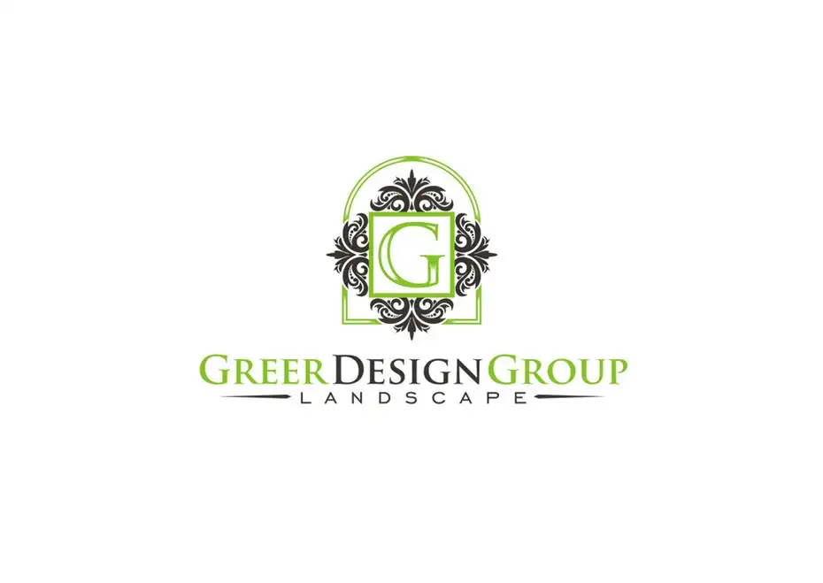 intricate green and gray shapes surrounding the letter G with the text “Greer Design Group Landscaping”