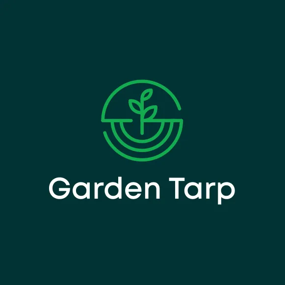 geometric logo of a circle around a plant growing in dirt depicted via line art and the text “Garden Tarp”