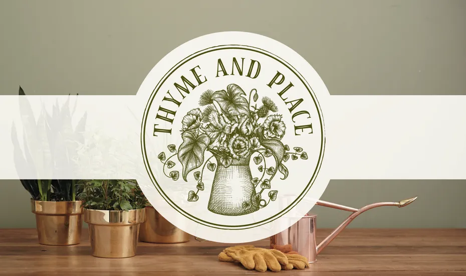 round, rustic-looking stamp image of flowers and leaves in a jug with the text “Thyme and Place”