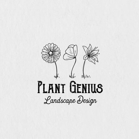 three line-drawn flowers side by side with the text “Plant Genius”