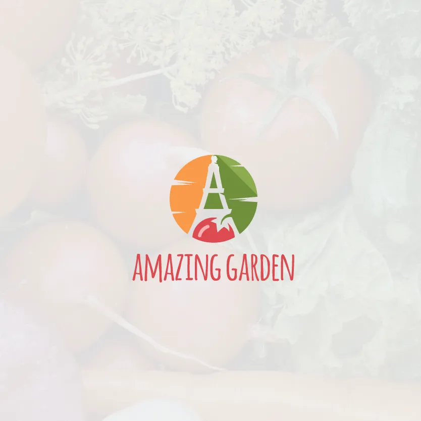 stylized letter A in the negative space between a tomato, a carrot and a cucumber with the text “Amazing Garden”
