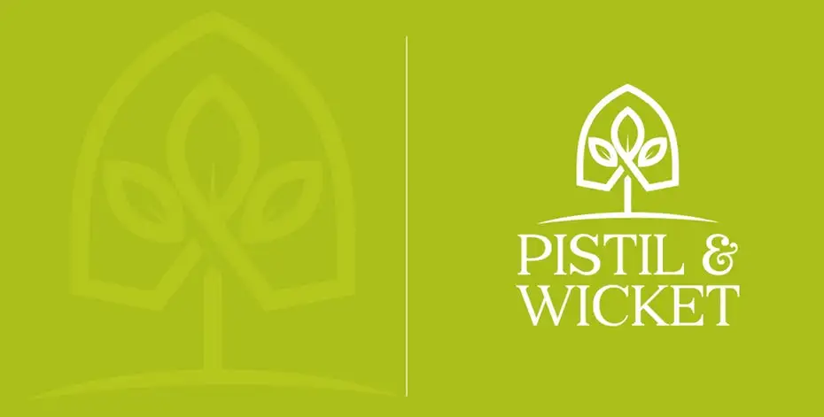 geometric logo of a plant growing within a small greenhouse with the text “Pistil & Wicket”