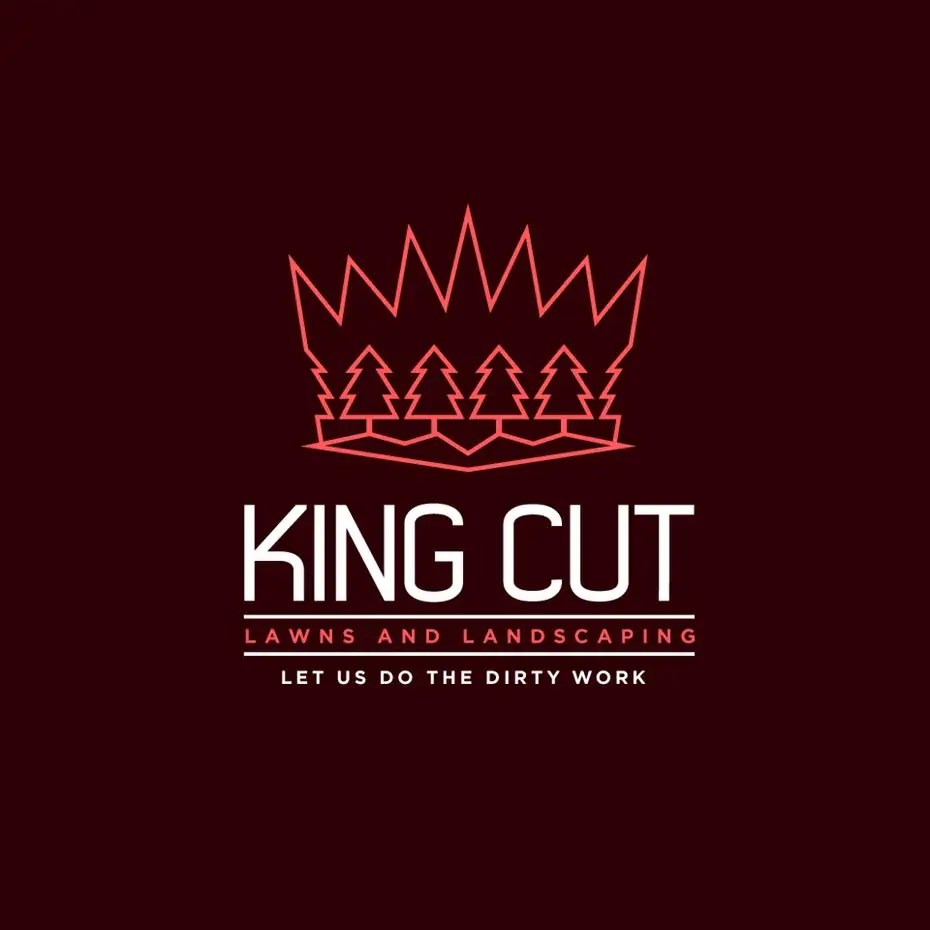 crown-shaped geometric logo with simple, geometric trees within its outline and the text “King’s Cut Lawns and Landscaping”
