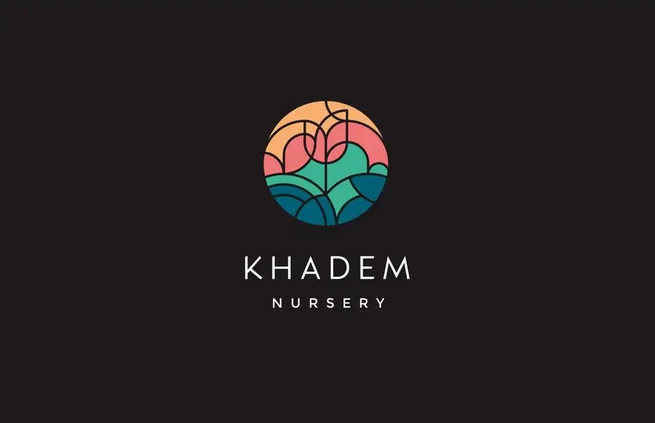 circular logo comprised of geometric shapes that fit together to create an image of a flower with the text “Khadem Nursery”
