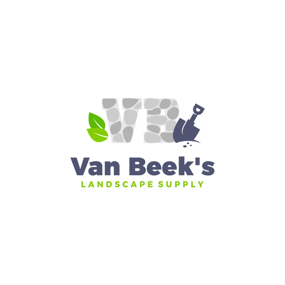 the initials V and B made of stone next to a shovel and two leaves with the text “Van Beek’s Landscaping Supply”