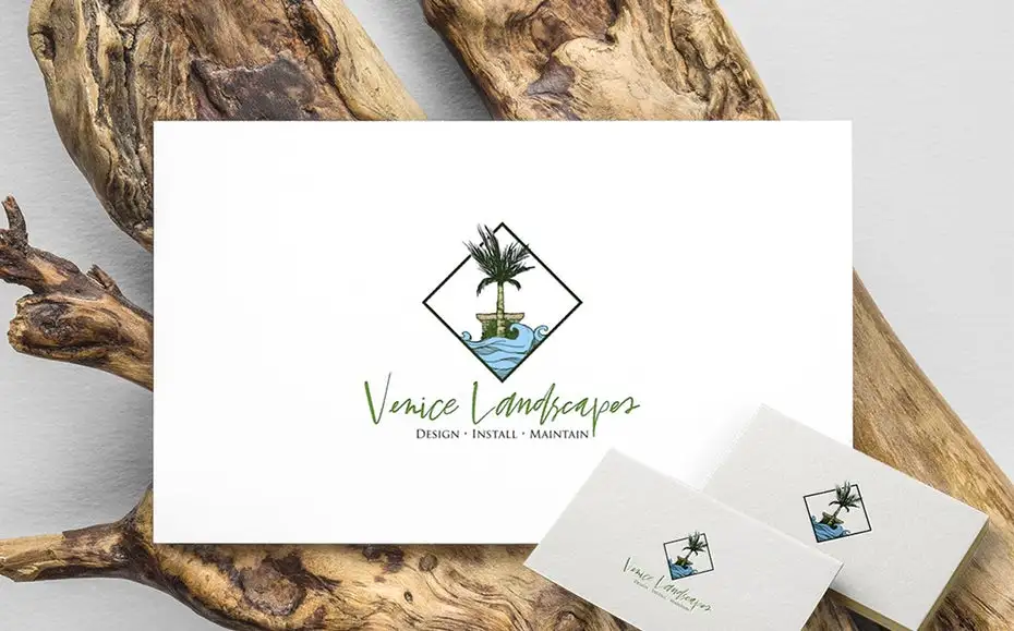 diamond-shaped logo showing a palm tree and water with the text “Venice Landscapes”