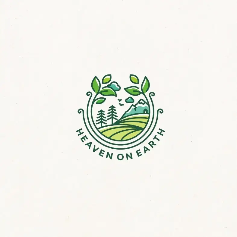 round logo showing illustrated tree and mountains circled by plants with the text “Heaven on Earth”