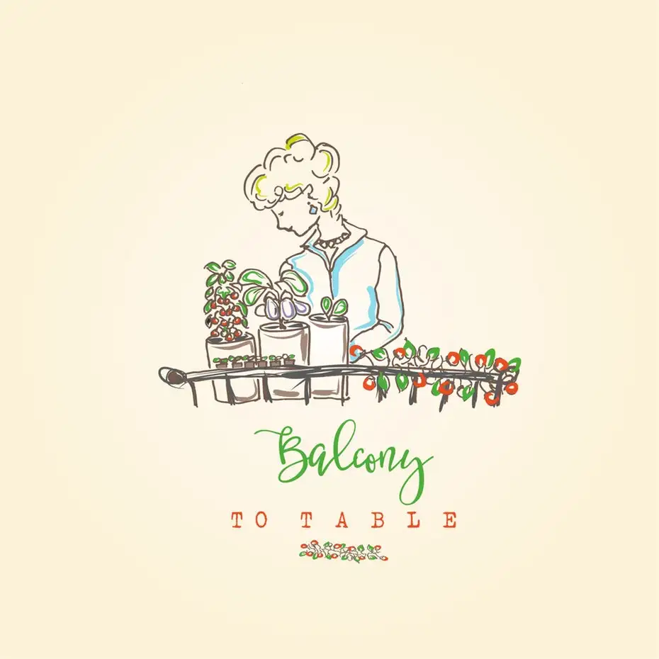 line drawing of a woman tending to succulents with the text “balcony to table”