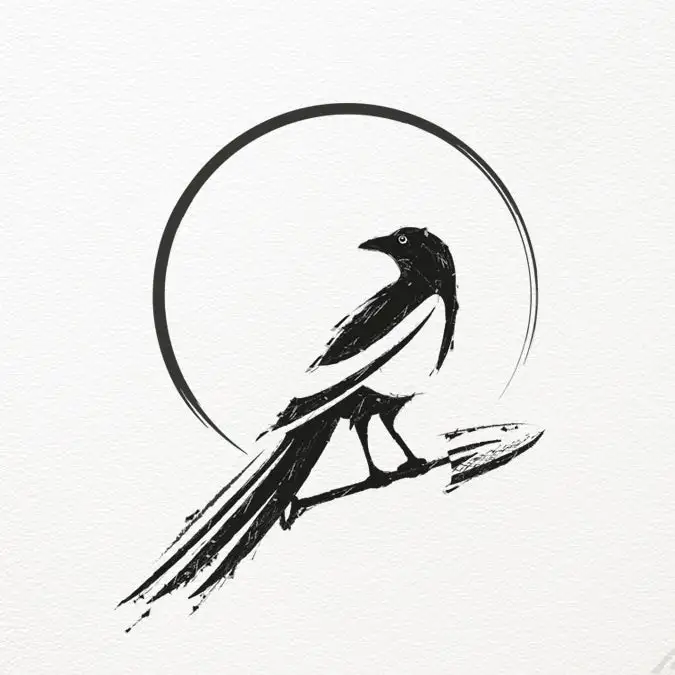 round, black logo showing a raven sitting on a spade with the text “Maggie Spade”