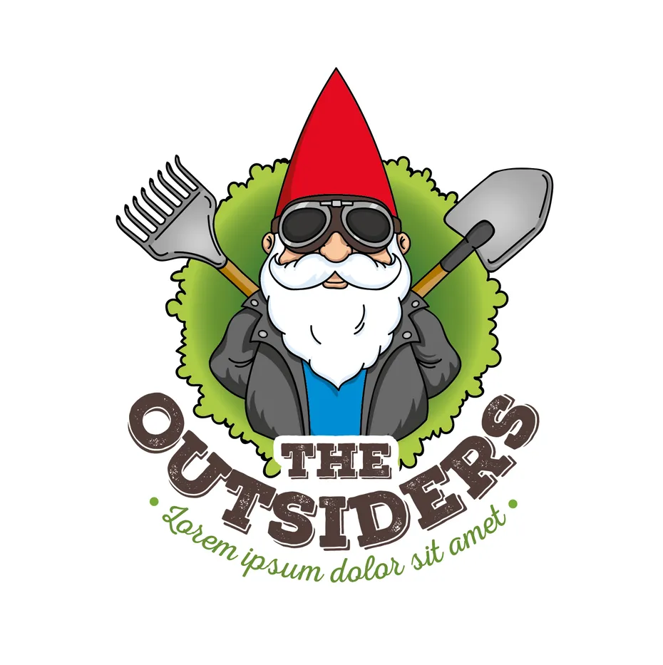 garden gnome wearing sunglasses and holding a shovel and a rake behind his back with the text “The Outsiders”