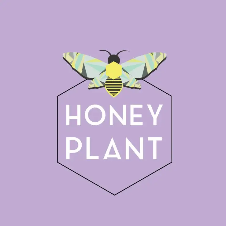 hexagon-shaped logo with an image of a bee and the text “Honey Plant”