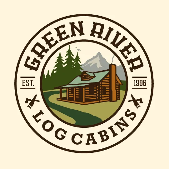round logo showing an image of a log cabin with the text “green river log cabins”
