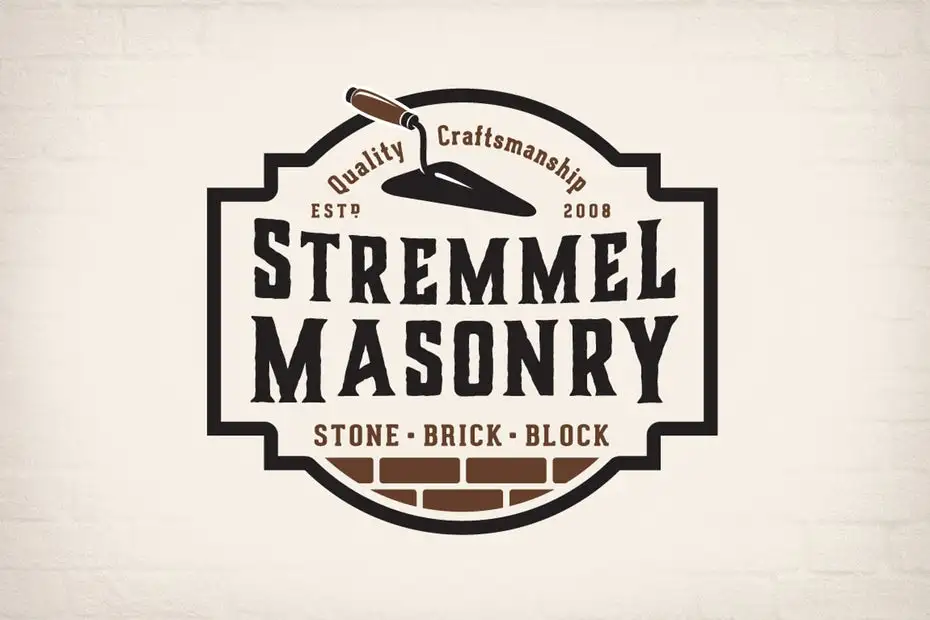 logo with the text “stremmel masonry” with a spade and the top of a brick wall