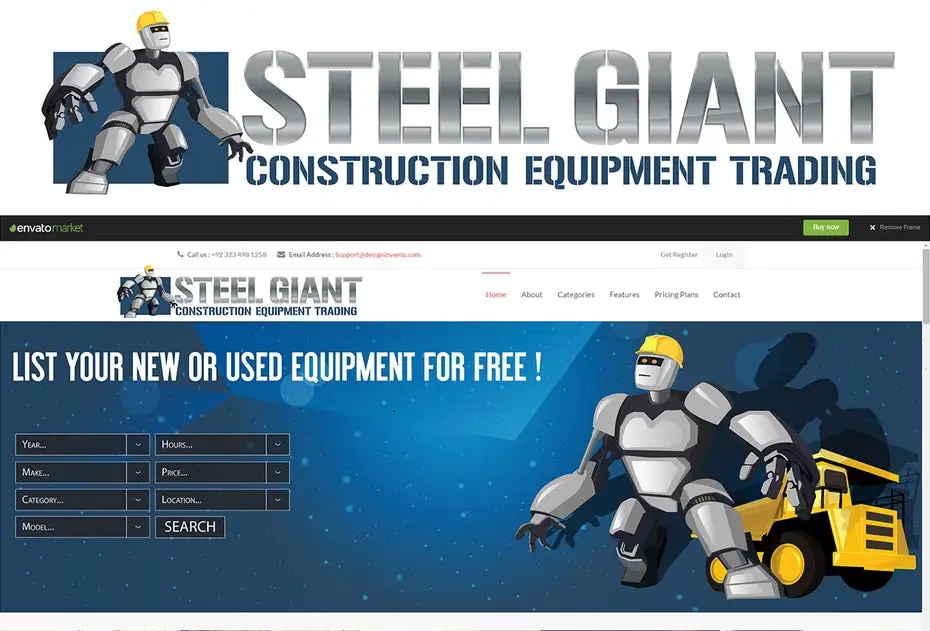 robot wearing a hardhat with the text “steel giant construction equipment trading”