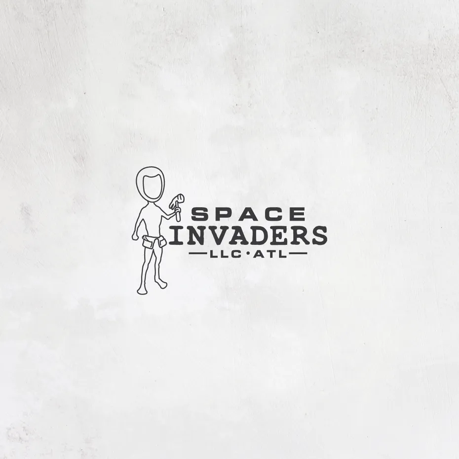 line drawing of an alien with the text “space invaders llc”