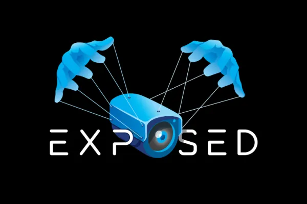 blue and gray image of a surveillance camera attached to two hands with strings and the text “exposed”