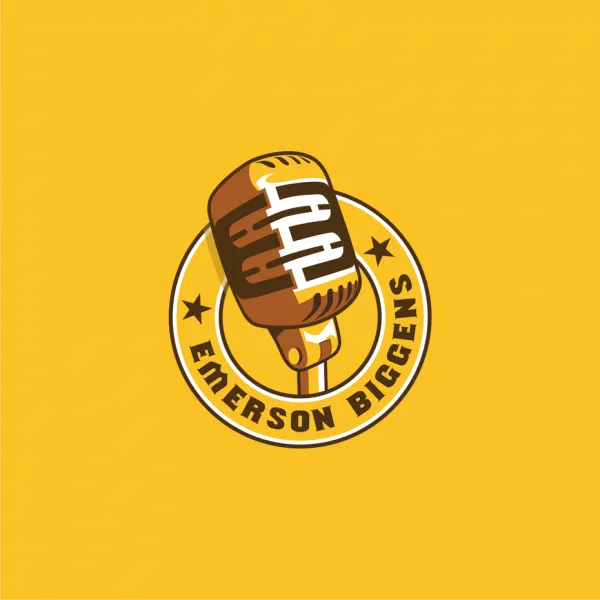 Yellow logo featuring a microphone and the text “emerson biggens”