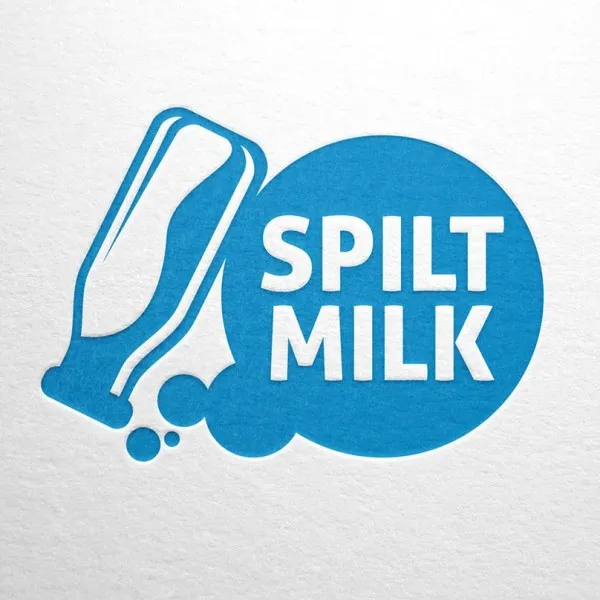 blue and white image of an upside-down milk bottle and the text “spilt milk” in a circle beside it