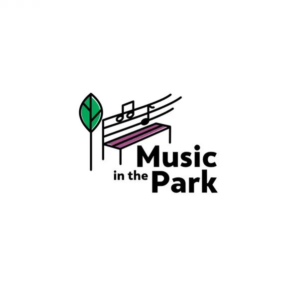 line drawing of a park bench with a tree beside it and music notes on the bench with the text “music in the park”