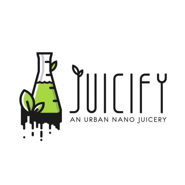 modern, line art juice logo design with beaker and leaves
