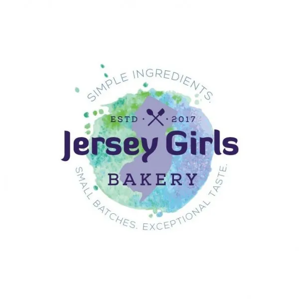 green, blue and purple gradient background behind a purple New Jersey state outline and the text “Jersey Girls Bakery”