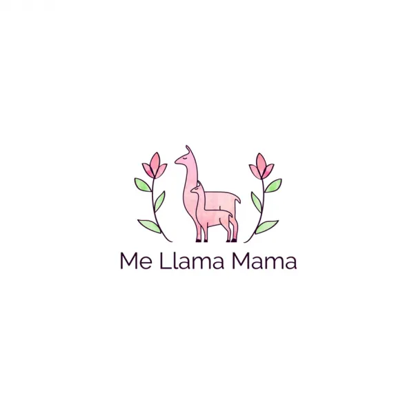 Two pink llamas, one large and one small, with the text