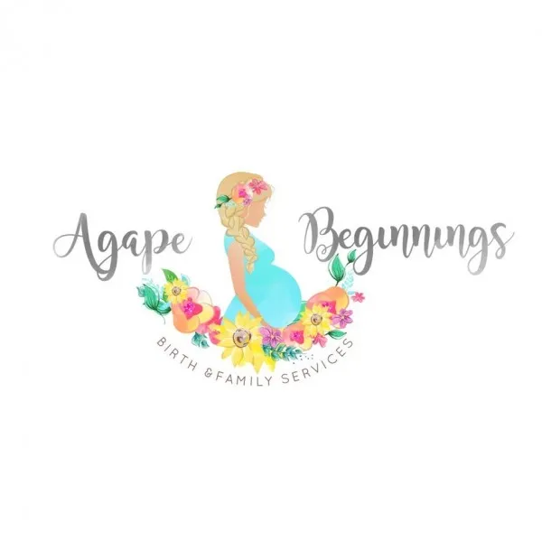 multicolored side profile of a pregnant woman with the text “Agape Beginnings”