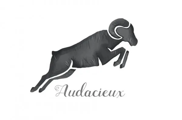 black silhouette of a jumping ram with the text “Audacieux”